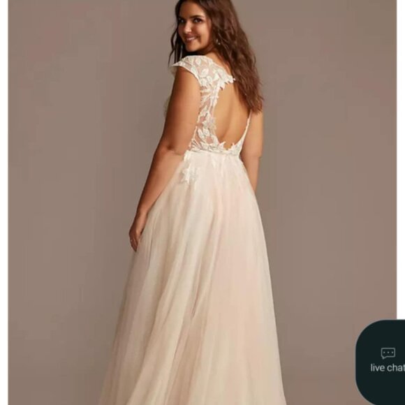 David’s Bridal Illusion Cap Sleeve Lace Wedding Dress Size 14 Ivory/Cashmere - Picture 3 of 12